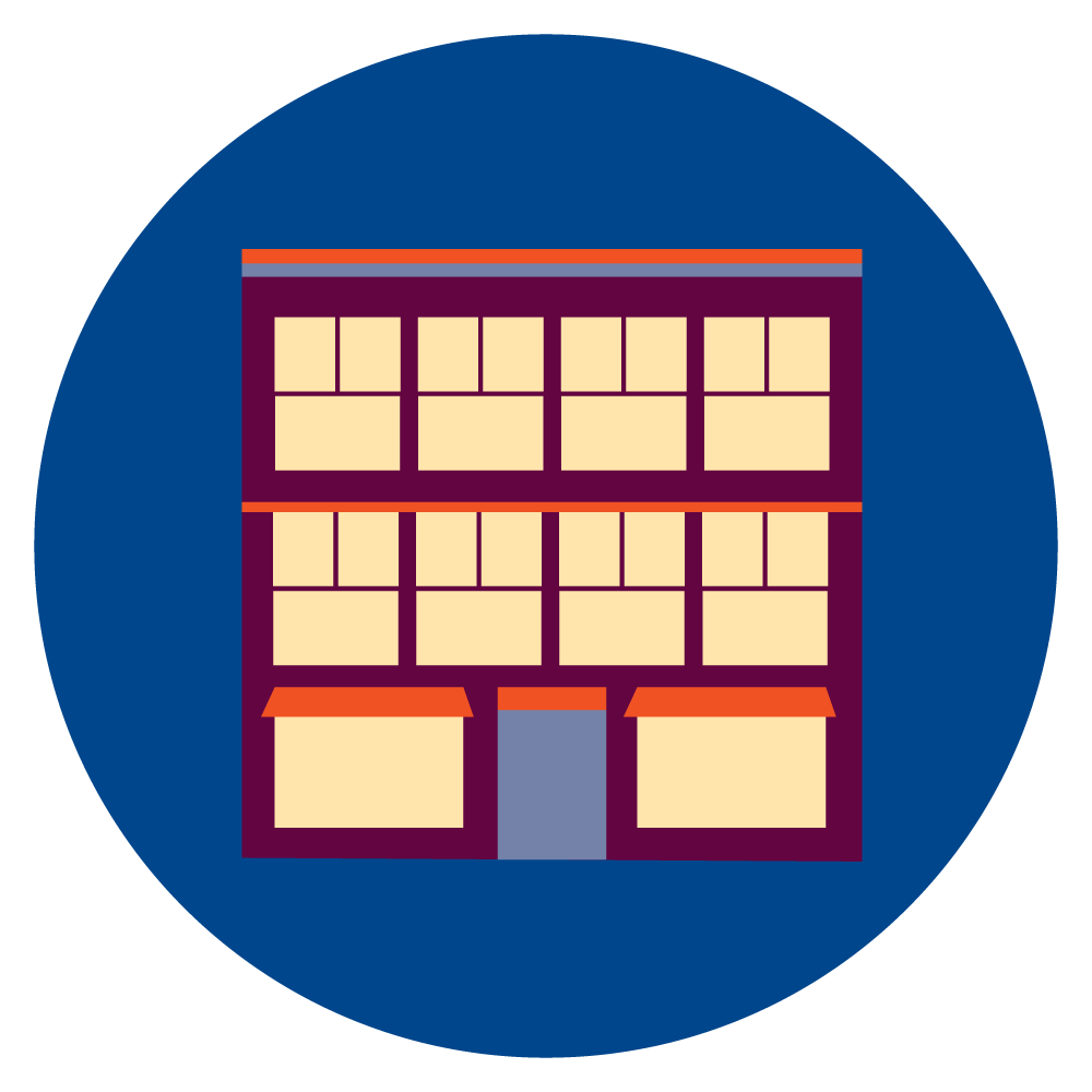 Icon of a building in blue puple and red