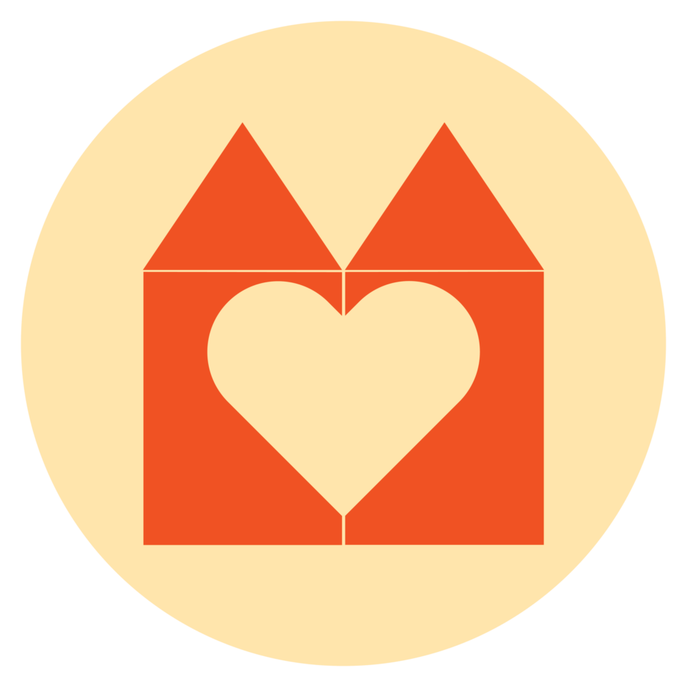 Two house with a heart icon in reddish orange and cream