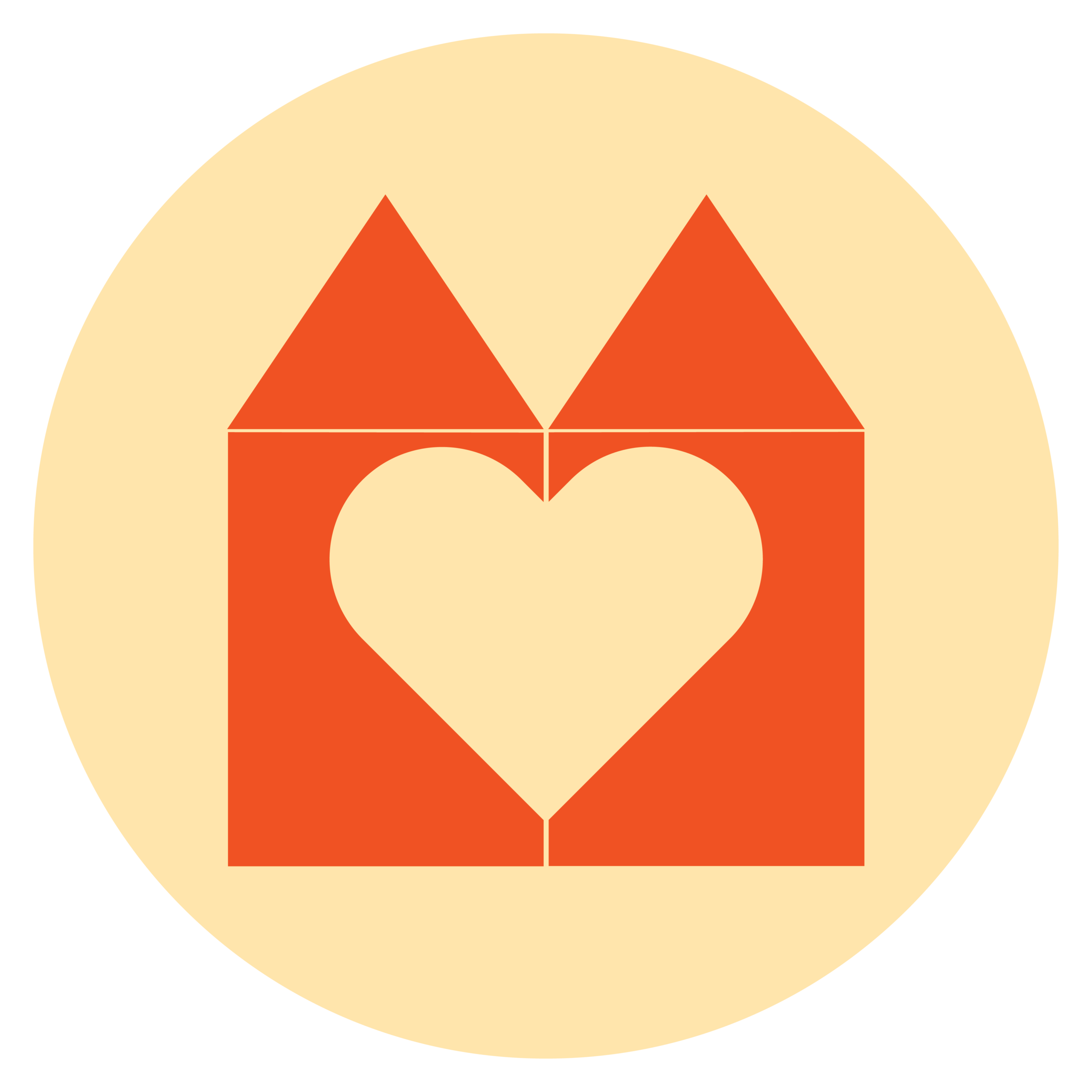 Two house with a heart icon in reddish orange and cream